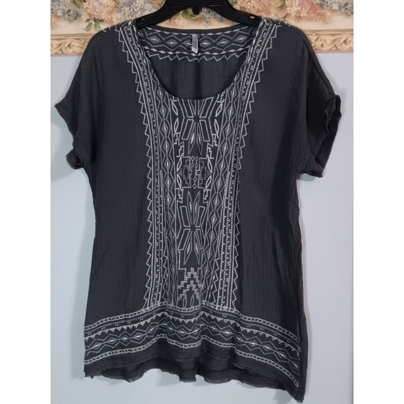 Mollorello Small Grey Embroidered Lightweight Boho Peasant Cottage Top - Picture 1 of 5
